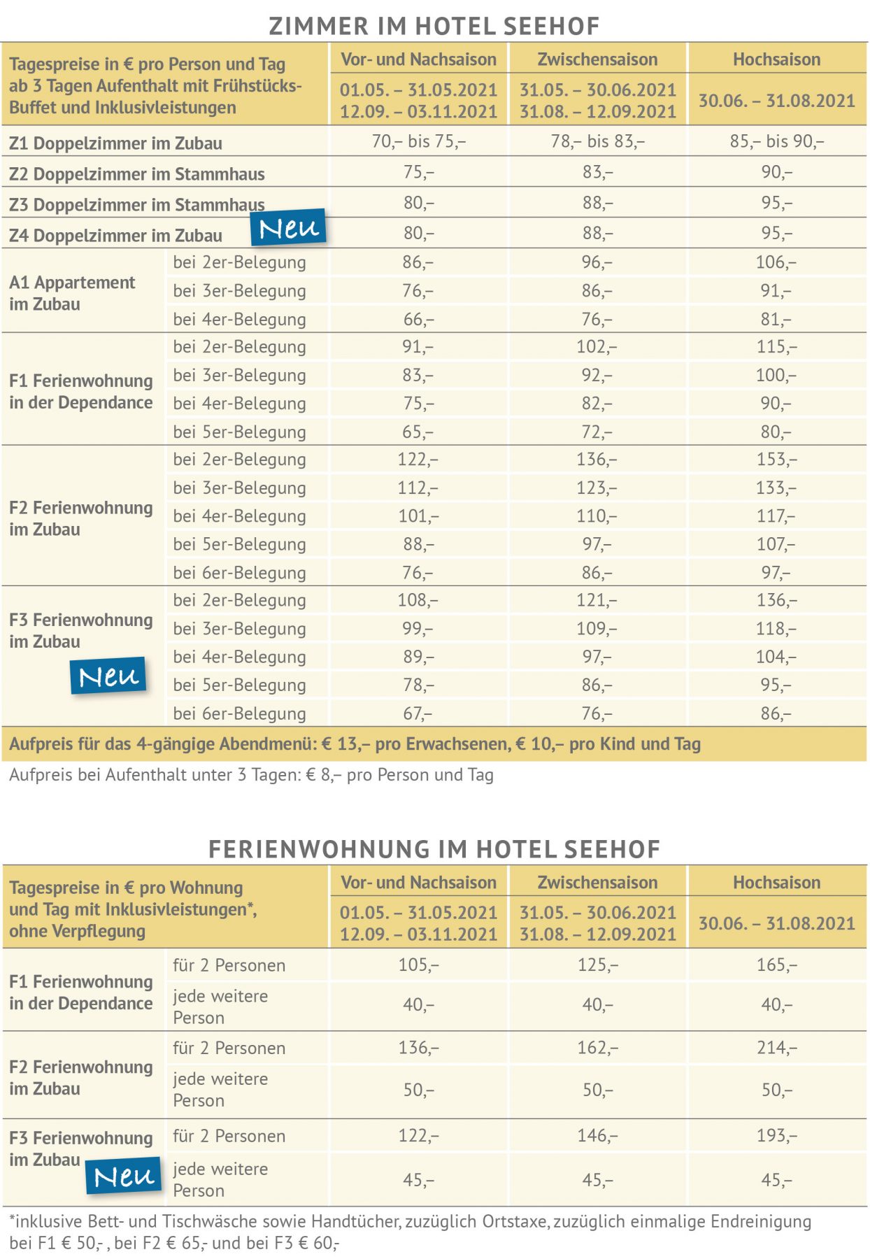 Tagespreise 2021 Hotel Seehof am Längsee