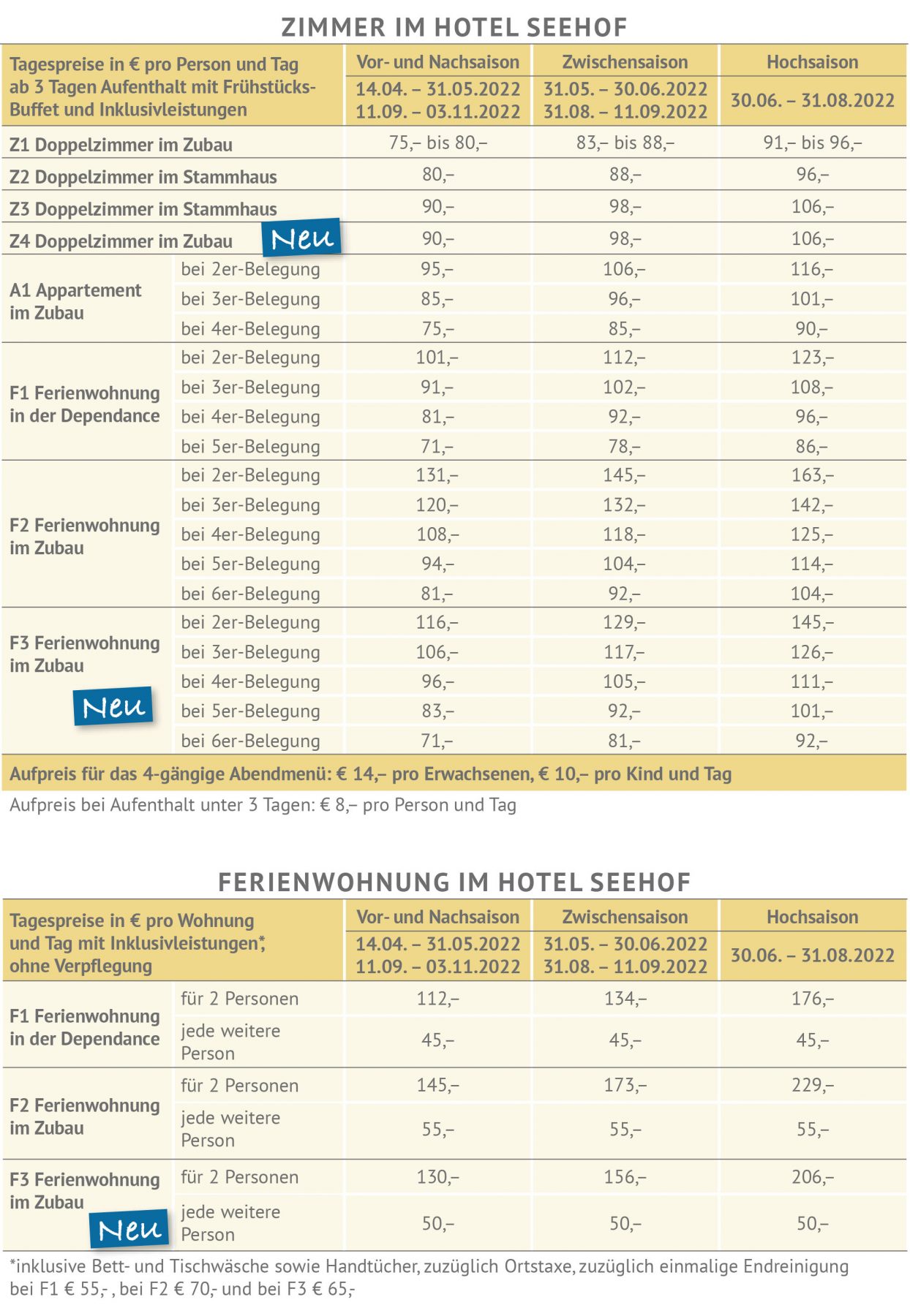 Tagespreise 2022 Hotel Seehof am Längsee