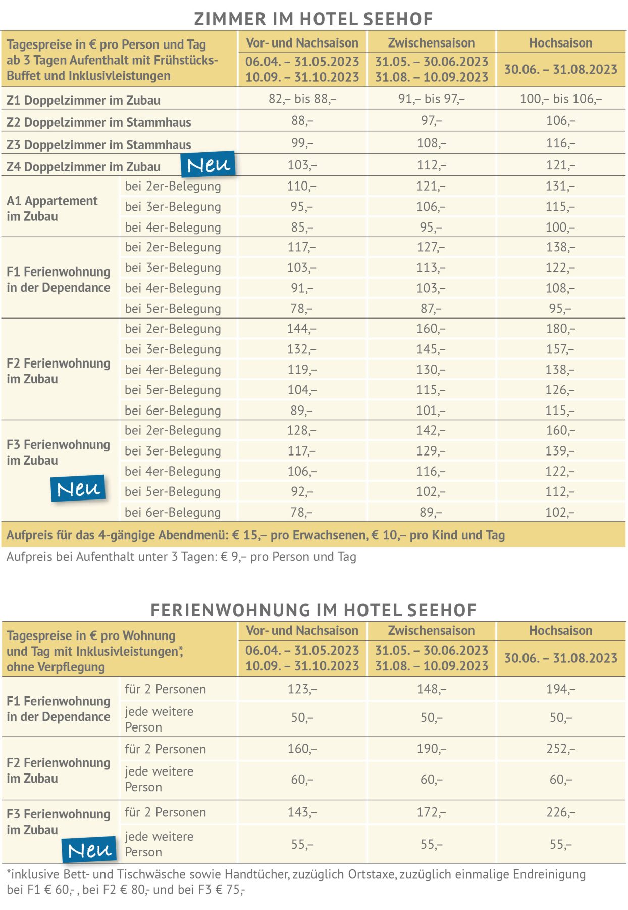 Tagespreise 2023 Hotel Seehof am Längsee