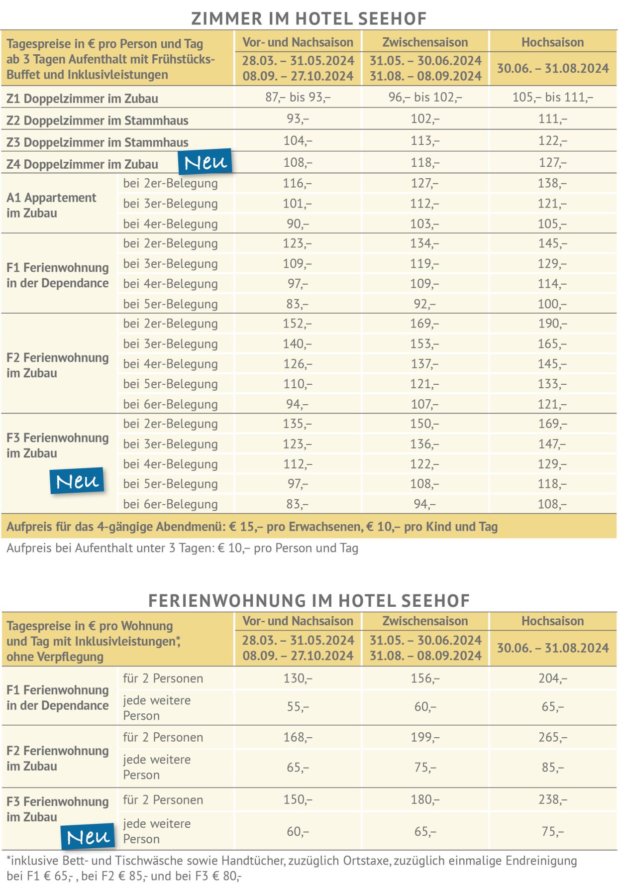 Tagespreise 2024 Hotel Seehof am Längsee