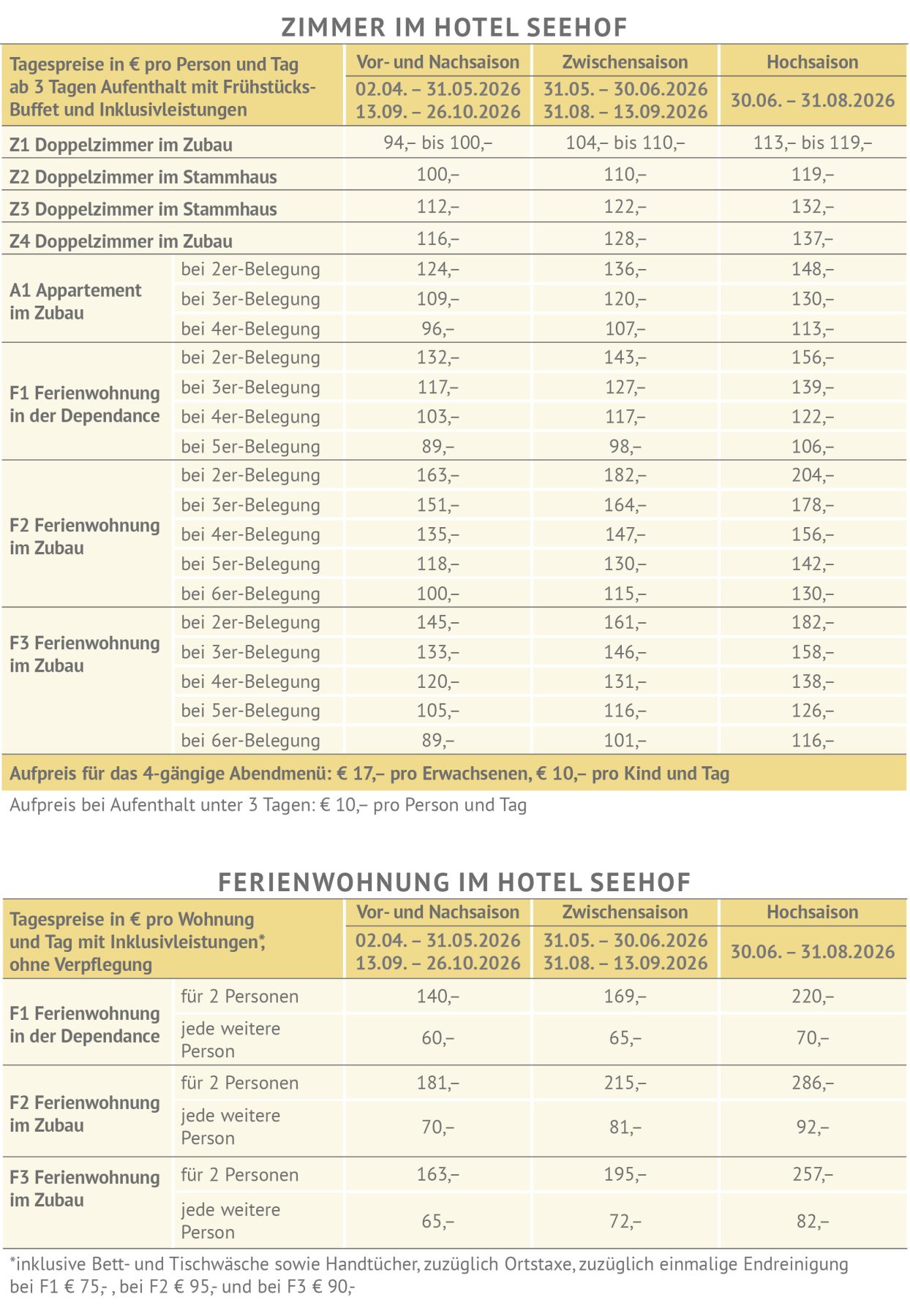 Tagespreise 2026 Hotel Seehof am Längsee